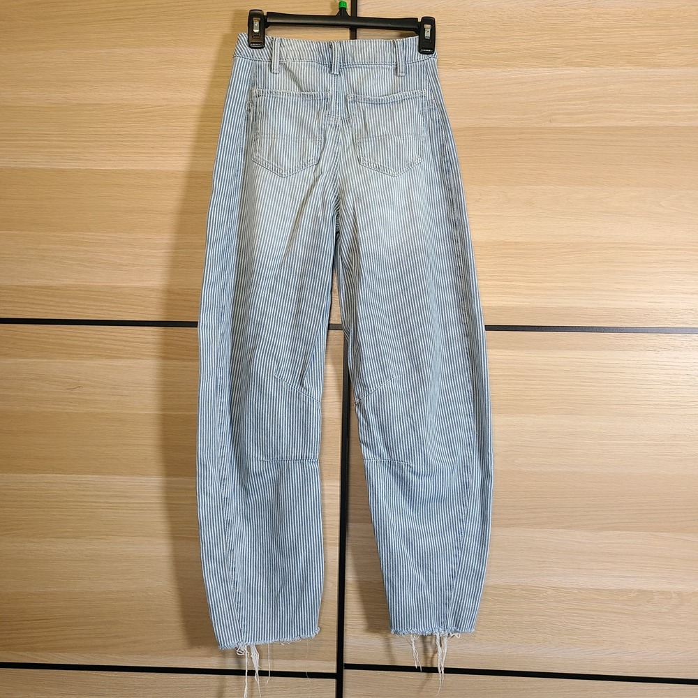 SO High Rise Barrel Jeans Women 0/24W Blue White Hickory Railroad Stripe Raw Hem - Picture 2 of 14